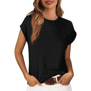 imageCicy Bell Women Summer Cap Sleeve Tops Casual Crew Neck Plain T Shirts Loose Fit Basic Tees Black