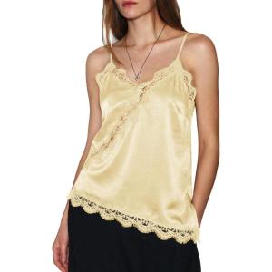 imageCicy Bell Women Summer Satin Cami Tops Spaghetti Strap Lace V Neck Cute Camisole Party Pajamas Asymmetrical Hem Tank TopsYellow