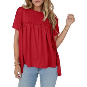 imageCicy Bell Women Summer T Shirts Babydoll Tops Pleated Short Sleeve Crew Neck Peplum Blouse Casual Loose Fit Red