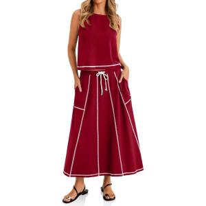 imageCicy Bell Womens 2 Piece Outfits Cropped Sleeveless Tank Tops Lounge Sets High Waisted Drawstring Maxi Skirt Matching SetsWine Red