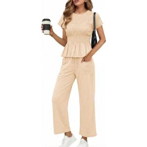 imageCicy Bell Womens 2 Piece Outfits Smocked Short Sleeve Tops Wide Leg Elastic Waist Pants Casual Boho Lounge Matching SetsBeige