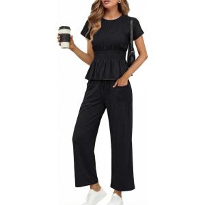 imageCicy Bell Womens 2 Piece Outfits Smocked Short Sleeve Tops Wide Leg Elastic Waist Pants Casual Boho Lounge Matching SetsBlack