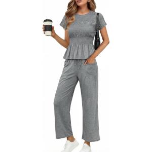 imageCicy Bell Womens 2 Piece Outfits Smocked Short Sleeve Tops Wide Leg Elastic Waist Pants Casual Boho Lounge Matching SetsGrey