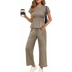 imageCicy Bell Womens 2 Piece Outfits Smocked Short Sleeve Tops Wide Leg Elastic Waist Pants Casual Boho Lounge Matching SetsKhaki
