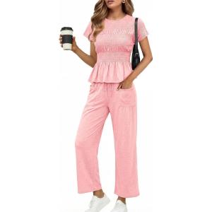 imageCicy Bell Womens 2 Piece Outfits Smocked Short Sleeve Tops Wide Leg Elastic Waist Pants Casual Boho Lounge Matching SetsPink