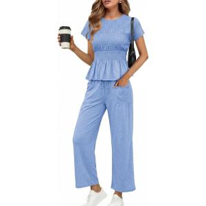 imageCicy Bell Womens 2 Piece Outfits Smocked Short Sleeve Tops Wide Leg Elastic Waist Pants Casual Boho Lounge Matching SetsSky Blue