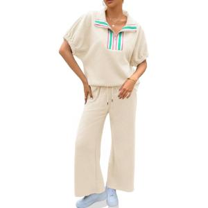 imageCicy Bell Womens 2 Piece Outfits Textured Color Block Half Zipper Puff Short Sleeve Tops Cropped Wide Leg Pant Lounge SetsBeige