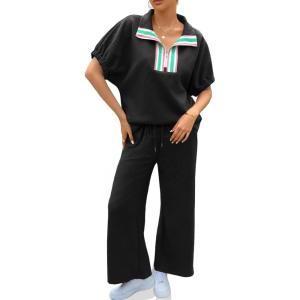 imageCicy Bell Womens 2 Piece Outfits Textured Color Block Half Zipper Puff Short Sleeve Tops Cropped Wide Leg Pant Lounge SetsBlack