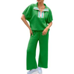 imageCicy Bell Womens 2 Piece Outfits Textured Color Block Half Zipper Puff Short Sleeve Tops Cropped Wide Leg Pant Lounge SetsGreen