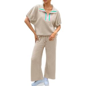 imageCicy Bell Womens 2 Piece Outfits Textured Color Block Half Zipper Puff Short Sleeve Tops Cropped Wide Leg Pant Lounge SetsLight Khaki