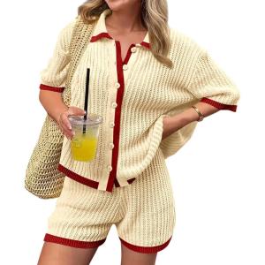 imageCicy Bell Womens 2 Piece Short Sets Summer Short Sleeve Collared Tops Beach Vacation Cover Up Crochet Knit Lounge OutfitsBeige