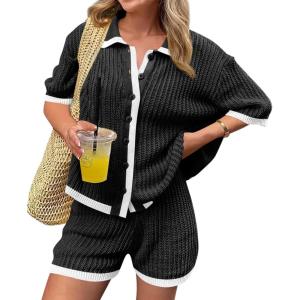 imageCicy Bell Womens 2 Piece Short Sets Summer Short Sleeve Collared Tops Beach Vacation Cover Up Crochet Knit Lounge OutfitsBlack