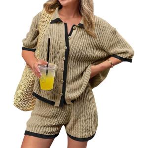 imageCicy Bell Womens 2 Piece Short Sets Summer Short Sleeve Collared Tops Beach Vacation Cover Up Crochet Knit Lounge OutfitsKhaki