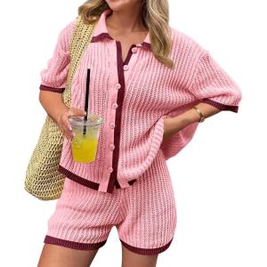 imageCicy Bell Womens 2 Piece Short Sets Summer Short Sleeve Collared Tops Beach Vacation Cover Up Crochet Knit Lounge OutfitsPink