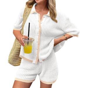 imageCicy Bell Womens 2 Piece Short Sets Summer Short Sleeve Collared Tops Beach Vacation Cover Up Crochet Knit Lounge OutfitsWhite