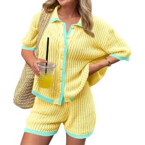 imageCicy Bell Womens 2 Piece Short Sets Summer Short Sleeve Collared Tops Beach Vacation Cover Up Crochet Knit Lounge OutfitsYellow