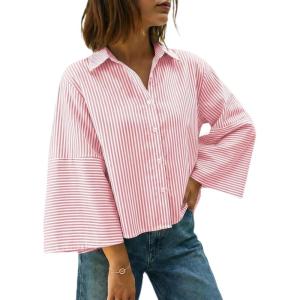 imageCicy Bell Womens 34 Bell Sleeve Button Down Shirts V Neck Trendy Casual Blouses Loose Fit Work Cotton TopsBean Paste