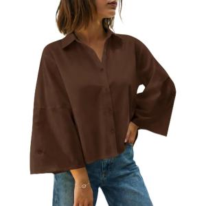 imageCicy Bell Womens 34 Bell Sleeve Button Down Shirts V Neck Trendy Casual Blouses Loose Fit Work Cotton TopsCoffee