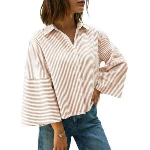 imageCicy Bell Womens 34 Bell Sleeve Button Down Shirts V Neck Trendy Casual Blouses Loose Fit Work Cotton TopsKhaki