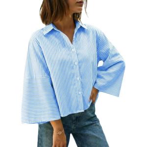 imageCicy Bell Womens 34 Bell Sleeve Button Down Shirts V Neck Trendy Casual Blouses Loose Fit Work Cotton TopsLight Blue
