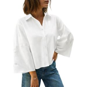 imageCicy Bell Womens 34 Bell Sleeve Button Down Shirts V Neck Trendy Casual Blouses Loose Fit Work Cotton TopsWhite