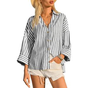 imageCicy Bell Womens 34 Sleeve Striped Button Down Shirts Summer V Neck Tops Casual Loose Fit Work BlouseBlack