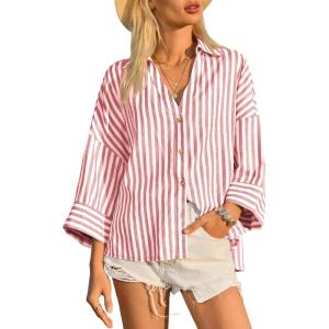 imageCicy Bell Womens 34 Sleeve Striped Button Down Shirts Summer V Neck Tops Casual Loose Fit Work BlouseRed