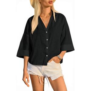 imageCicy Bell Womens 34 Sleeve Striped Button Down Shirts Summer V Neck Tops Casual Loose Fit Work BlouseSolidblack