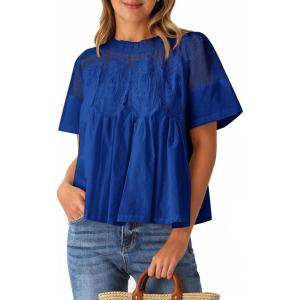 imageCicy Bell Womens Babydoll Lace Blouses Short Sleeve Ruffle Crew Neck Peplum Tops Dressy Casual Loose Fit ShirtsBaby Blue