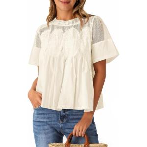 imageCicy Bell Womens Babydoll Lace Blouses Short Sleeve Ruffle Crew Neck Peplum Tops Dressy Casual Loose Fit ShirtsBeige