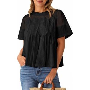 imageCicy Bell Womens Babydoll Lace Blouses Short Sleeve Ruffle Crew Neck Peplum Tops Dressy Casual Loose Fit ShirtsBlack