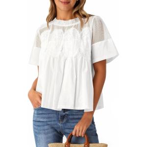 imageCicy Bell Womens Babydoll Lace Blouses Short Sleeve Ruffle Crew Neck Peplum Tops Dressy Casual Loose Fit ShirtsWhite