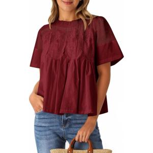imageCicy Bell Womens Babydoll Lace Blouses Short Sleeve Ruffle Crew Neck Peplum Tops Dressy Casual Loose Fit ShirtsWine Red