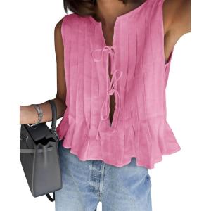 imageCicy Bell Womens Bow Front Tie Tank Tops Pleated Babydoll Top Sleeveless Cute Coquette Shirt Summer OutfitsDark Pink