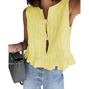 imageCicy Bell Womens Bow Front Tie Tank Tops Pleated Babydoll Top Sleeveless Cute Coquette Shirt Summer OutfitsLemon Yellow