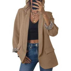 imageCicy Bell Womens Business Casual Blazer Shawl Collar Work Long Sleeve Leopard Open Front Oversized Suit JacketDark Khaki