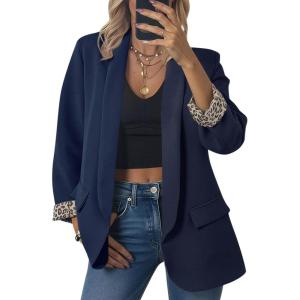imageCicy Bell Womens Business Casual Blazer Shawl Collar Work Long Sleeve Leopard Open Front Oversized Suit JacketNavy