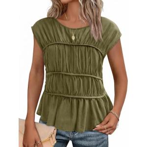 imageCicy Bell Womens Cap Sleeve Peplum Tank Tops Summer Babydoll Smocked Cotton Shirts Casual Crew Neck Pleated Blouse Army Green