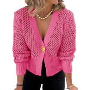 imageCicy Bell Womens Cropped Crochet Cardigans Hollow Out Button Down Lantern Sleeve Knit Sweaters Casual Mesh Loose Fit Cover UpRose Red