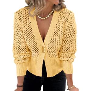 imageCicy Bell Womens Cropped Crochet Cardigans Hollow Out Button Down Lantern Sleeve Knit Sweaters Casual Mesh Loose Fit Cover UpYellow
