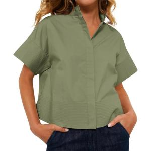 imageCicy Bell Womens Cropped Short Sleeve Button Down Shirts Pleated Summer Dressy Casual Blouse Stand Collar Loose Fit TopsArmy Green