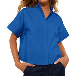 imageCicy Bell Womens Cropped Short Sleeve Button Down Shirts Pleated Summer Dressy Casual Blouse Stand Collar Loose Fit TopsBlue