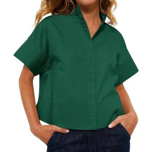 imageCicy Bell Womens Cropped Short Sleeve Button Down Shirts Pleated Summer Dressy Casual Blouse Stand Collar Loose Fit TopsDark Green