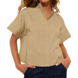 imageCicy Bell Womens Cropped Short Sleeve Button Down Shirts Pleated Summer Dressy Casual Blouse Stand Collar Loose Fit TopsKhaki