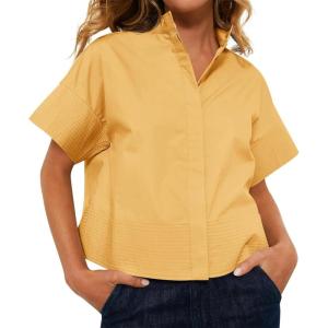 imageCicy Bell Womens Cropped Short Sleeve Button Down Shirts Pleated Summer Dressy Casual Blouse Stand Collar Loose Fit TopsLight Yellow