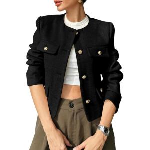 imageCicy Bell Womens Cropped Tweed Blazers Jacket Collarless Button Down Business Casual Winter Coats 2026 Spring OutfitsBlack
