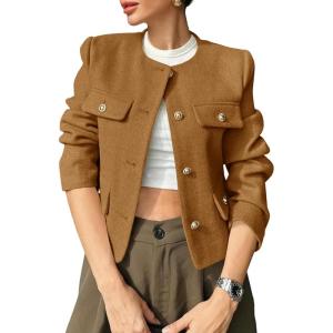 imageCicy Bell Womens Cropped Tweed Blazers Jacket Collarless Button Down Business Casual Winter Coats 2026 Spring OutfitsBrown