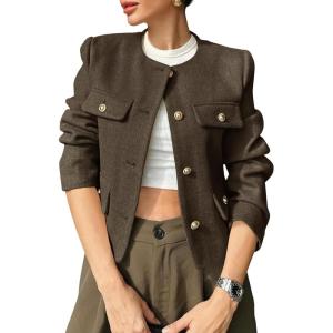 imageCicy Bell Womens Cropped Tweed Blazers Jacket Collarless Button Down Business Casual Winter Coats 2026 Spring OutfitsCoffee