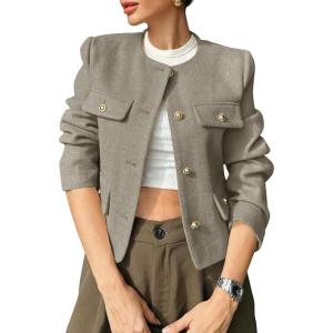 imageCicy Bell Womens Cropped Tweed Blazers Jacket Collarless Button Down Business Casual Winter Coats 2026 Spring OutfitsGrey
