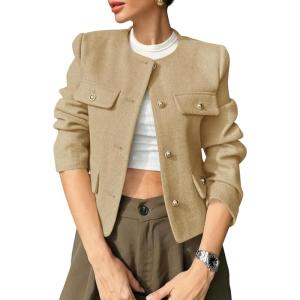 imageCicy Bell Womens Cropped Tweed Blazers Jacket Collarless Button Down Business Casual Winter Coats 2026 Spring OutfitsKhaki